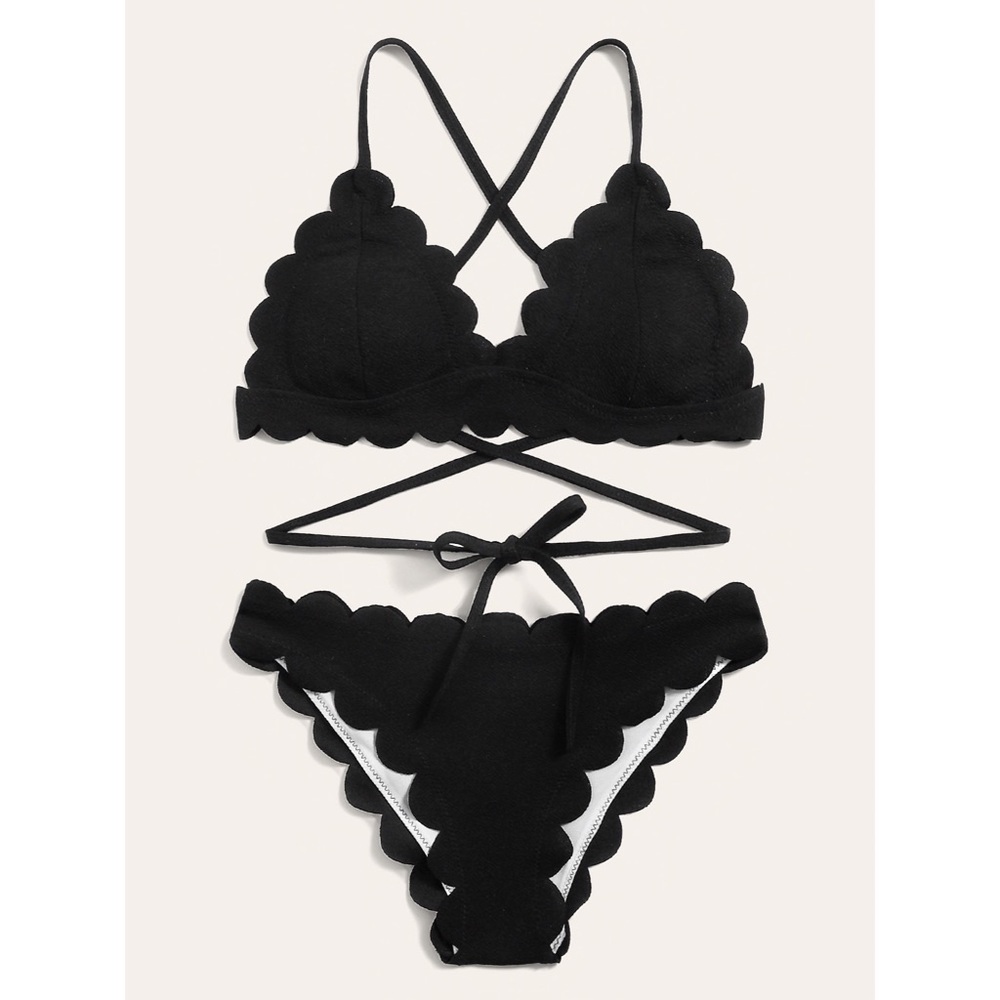 Scalloped bikini black wrap around swimsuit - Picture 3 of 3